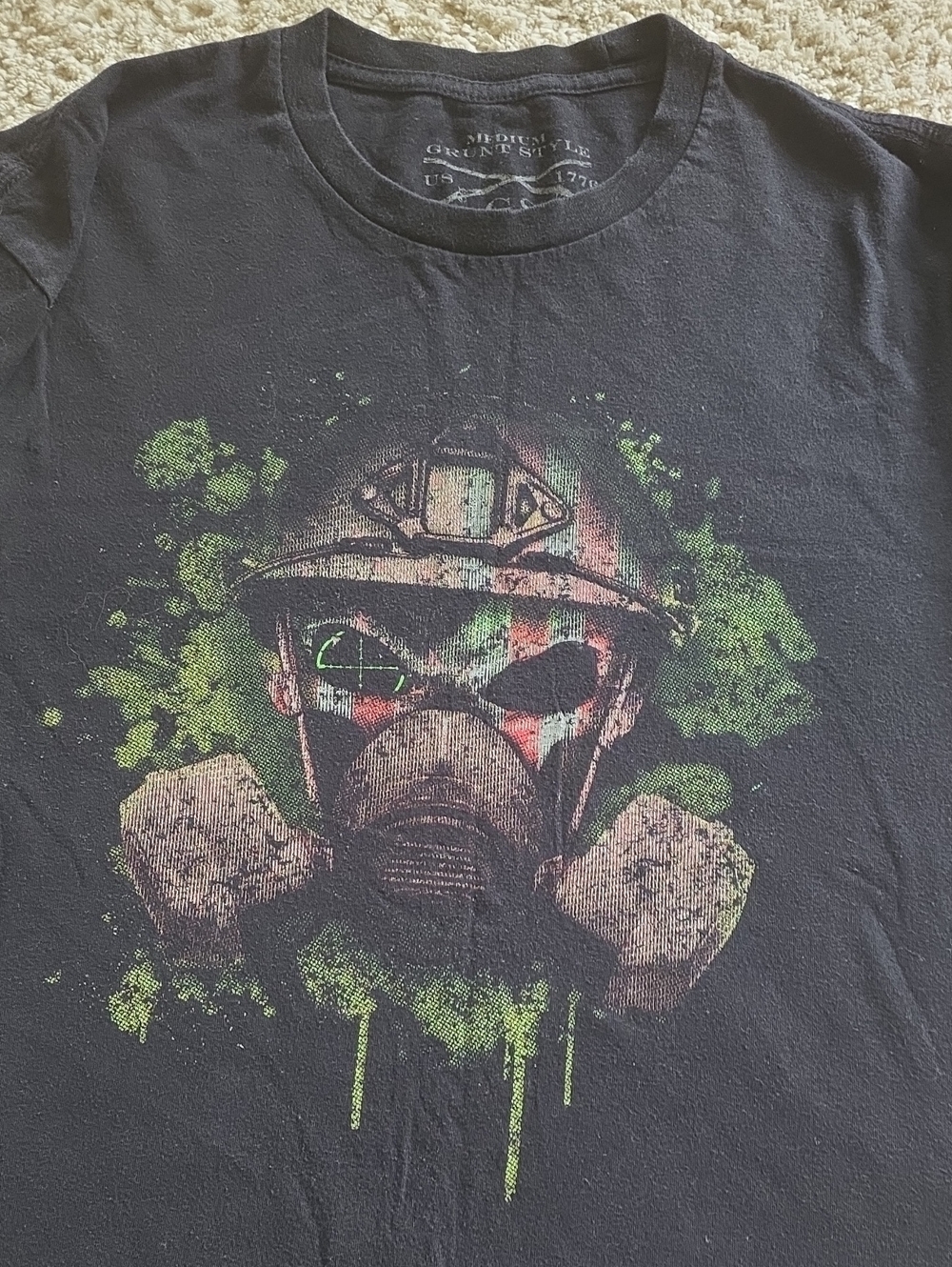 Graphic Black Wall Art Print — Green Accent Gas Mask Design